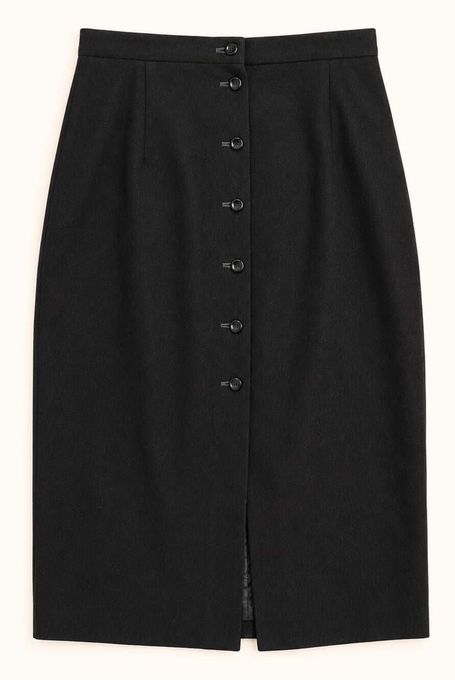 Vintage 90s Black Wool Button Front Midi Skirt Minimalist Column Size 10